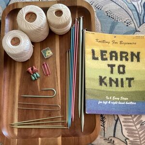 Knitting supplies - Needles, hooks, thread, markers and book